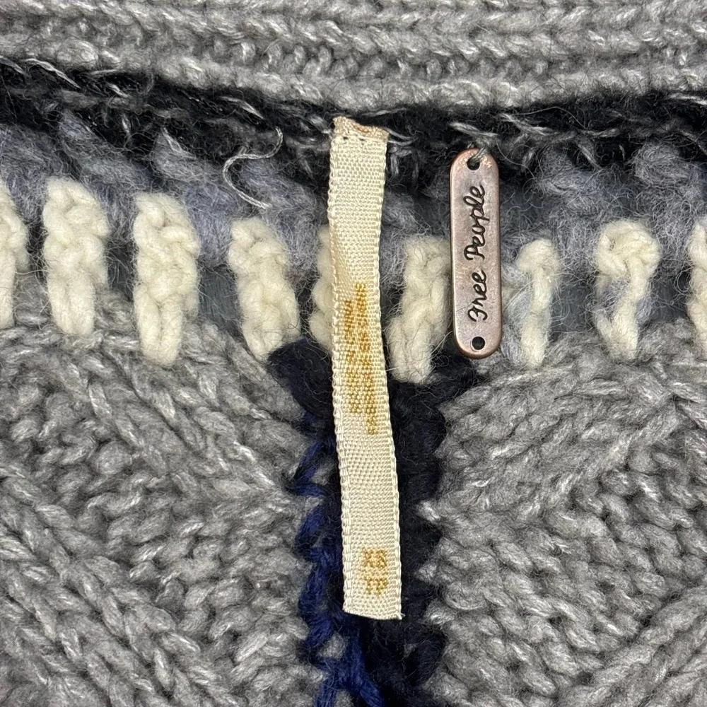 Free People Patchwork Mixed Knit Cardigan Sweater Grey Navy Wool Mohair XS